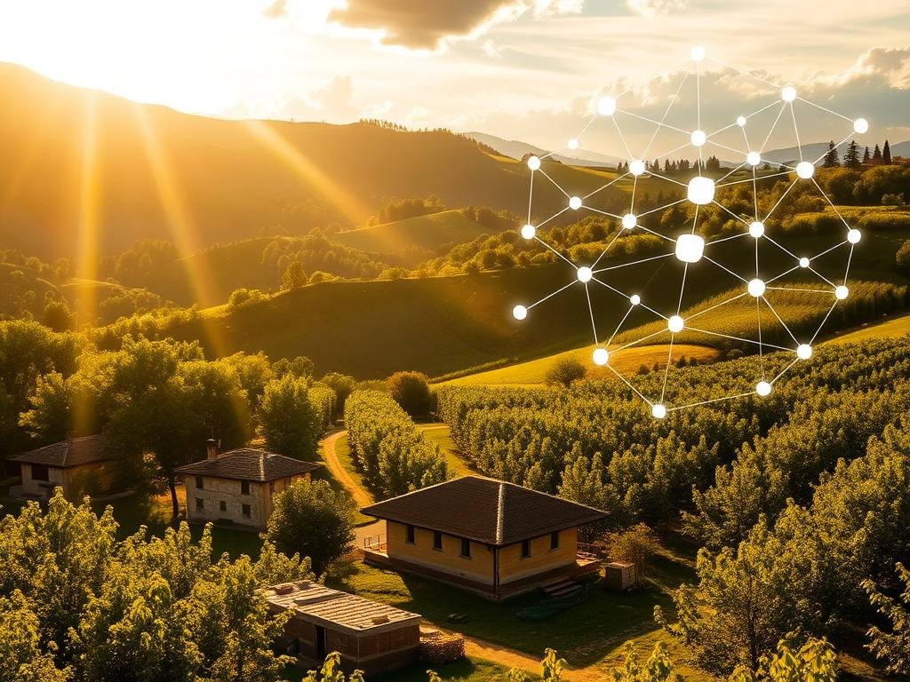 An idyllic apiary nestled amidst verdant Italian countryside, with a traditional Miele Borvei honey production facility in the foreground. Sunlight filters through wispy clouds, casting a warm, golden glow over the scene. In the background, a blockchain network diagram symbolizes the transparent and secure traceability of the authentic Borvei honey. The image conveys the harmony between traditional beekeeping practices and cutting-edge blockchain technology, highlighting the benefits for both producers and consumers of this high-quality, traceable honey.