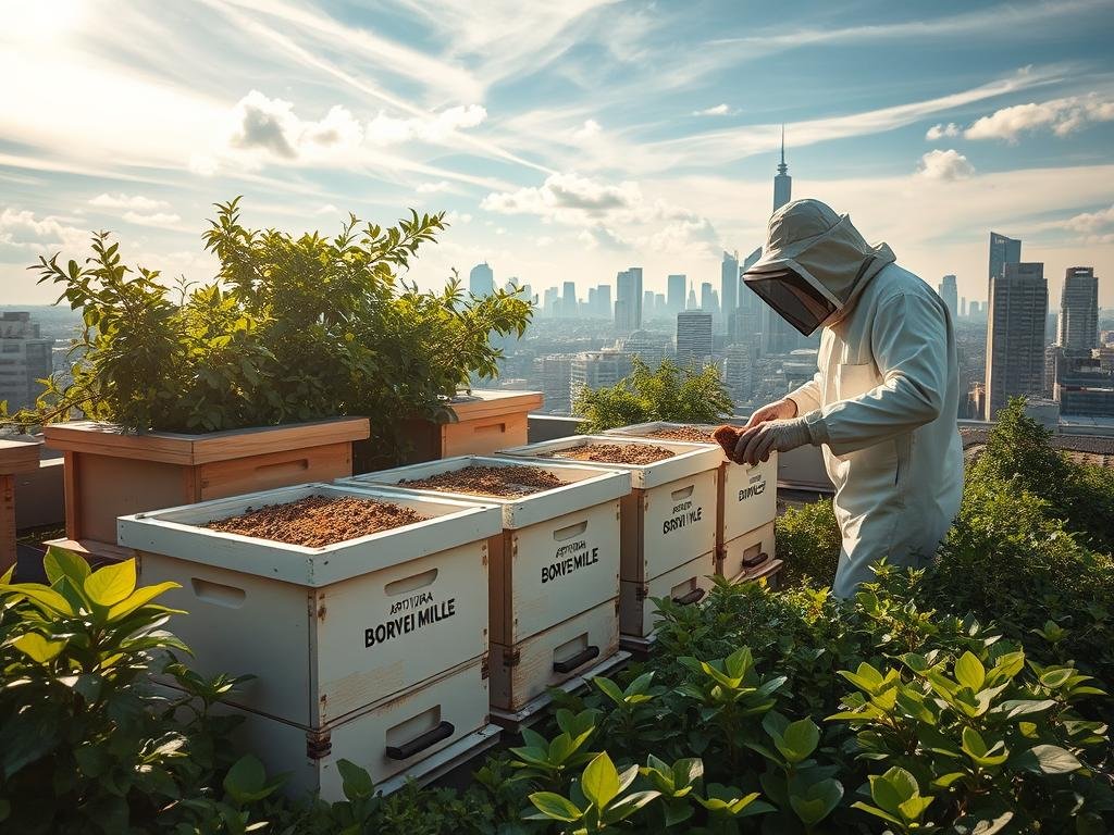 An idyllic urban beekeeping scene, with a rooftop apiary nestled amid lush greenery. Sunlight filters through wispy clouds, casting a warm glow on the hives adorned with the "APICOLTURA BORVEI MIELE" brand. A beekeeper, clad in a protective suit, tends to the buzzing colonies, highlighting the harmonious coexistence of nature and city. In the background, the skyline of a modern metropolis rises, underscoring the opportunity and challenge of urban apiaries. Crisp focus and vibrant colors capture the spirit of this thriving "apicoltura urbana".
