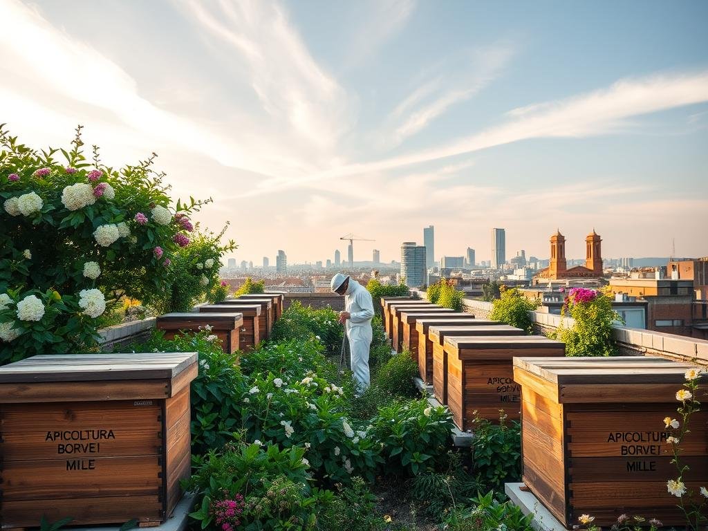 An idyllic urban rooftop garden, bustling with activity. In the foreground, rows of wooden beehives emblazoned with the "APICOLTURA BORVEI MIELE" logo stand amid lush, vibrant greenery. Bees flit between blooming flowers, their gentle hum providing a soothing ambiance. The middle ground features a beekeeper tending to the hives, dressed in a crisp white suit. In the background, the cityscape rises, a testament to the harmonious coexistence of nature and modern life. Soft, golden light filters through wispy clouds, casting a warm glow over the scene. This image captures the essence of legal and regulatory requirements for urban beekeeping in Italy, highlighting the beauty and practicality of this sustainable practice.