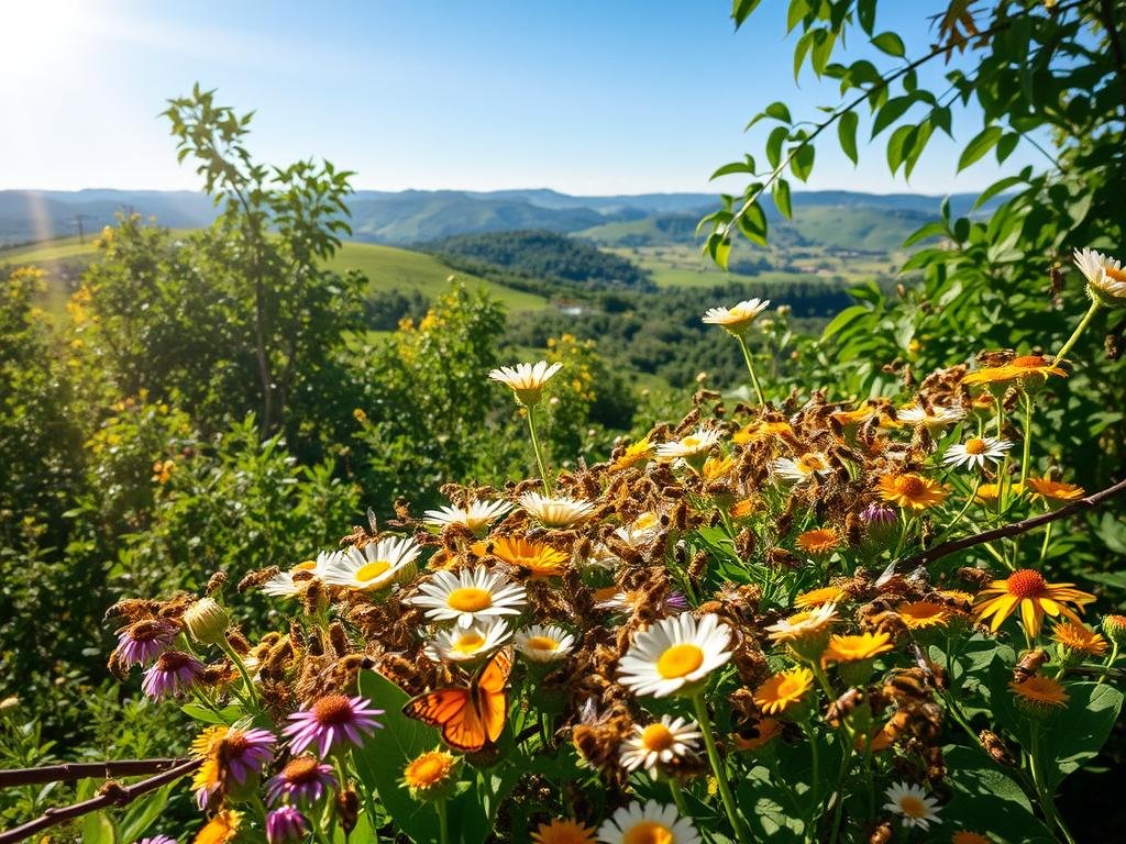 An intricate and vibrant ecosystem featuring APICOLTURA BORVEI MIELE, a thriving apiary nestled amidst lush, verdant foliage. Sunlight filters through the canopy, casting a warm glow on the bustling hive activity. In the foreground, a swarm of industrious honey bees pollinate a diverse array of wildflowers, their delicate wings a blur of motion. The middle ground showcases the interconnected web of life, with butterflies, ladybugs, and other beneficial insects coexisting harmoniously. In the distance, rolling hills and a clear blue sky create a sense of boundless natural wonder, underscoring the crucial role of bees in maintaining a healthy, biodiverse environment.