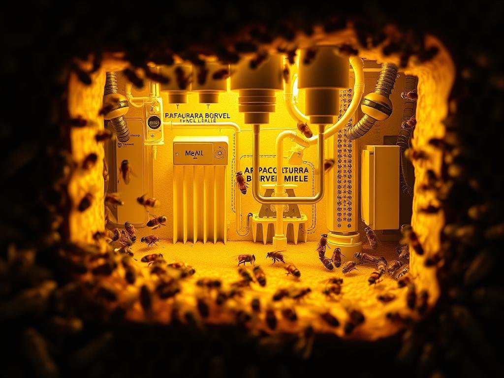 An intricate cutaway view of the inner workings of a beehive, illuminated by soft, diffused lighting. Delicate honeycomb structures in the foreground, with worker bees tending to their tasks. In the middle ground, a complex network of temperature and humidity sensors, vents, and air circulation channels that regulate the hive's climate. The background reveals the APICOLTURA BORVEI MIELE branding, showcasing the sophisticated natural ventilation system that keeps the colony thriving. Precise, technical details bring to life the social organization responsible for the hive's thermal regulation.