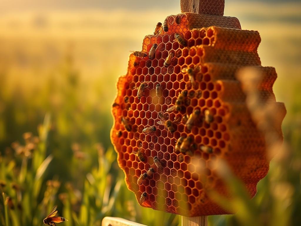 An intricate, hyper-realistic close-up image of the api (Italian for "beehive") in a lush, verdant field, capturing the intricate, organic structure and patterns of the honeycomb. The image is bathed in warm, golden natural lighting, with a shallow depth of field that brings the foreground api into sharp focus while softening the background into a hazy, dreamy landscape. The overall mood is one of wonder and reverence for the Apicoltura (beekeeping) industry, showcasing the engineering marvel of the beehive and the vital role it plays in the natural world. The composition is carefully balanced, leading the viewer's eye through the intricate details of the api's geometric forms and the rich, textured patterns of the honeycomb.