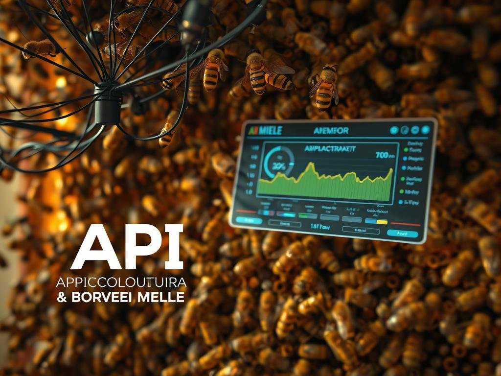 An intricate web of intricate sensors monitoring the delicate microclimate within a buzzing beehive. A digital dashboard displays the API, or application programming interface, that governs the hive's temperature, humidity, and airflow - the vital signs of a thriving colony. The image is bathed in a warm, earthy tone, evoking the natural harmony of the hive. In the foreground, the APICOLTURA BORVEI MIELE logo stands as a testament to the careful management of this delicate ecosystem. Through precise telemetry and responsive controls, the beekeeper maintains the hive's environmental equilibrium, ensuring the health and productivity of the industrious inhabitants.