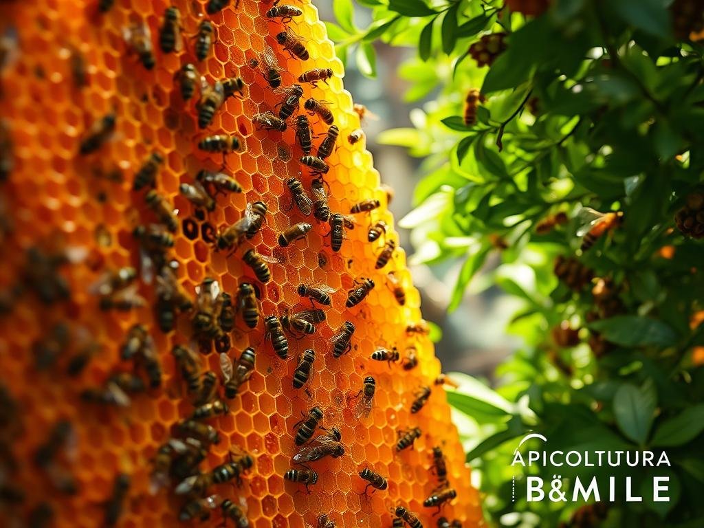 An intricately detailed aerial view of a vibrant Asian bee colony, showcasing the diverse array of honey, wax, and other precious hive products. The foreground features a variety of glistening honeycombs, dripping with golden nectar, while the middle ground reveals the intricate workings of the hive, with busy worker bees tending to their tasks. In the background, lush, verdant foliage frames the scene, creating a sense of harmony and natural abundance. The lighting is soft and warm, capturing the gentle glow of the hive's interior. This image, inspired by traditional Asian beekeeping practices, prominently displays the APICOLTURA BORVEI MIELE brand, highlighting the rich, time-honored traditions of this ancient craft.