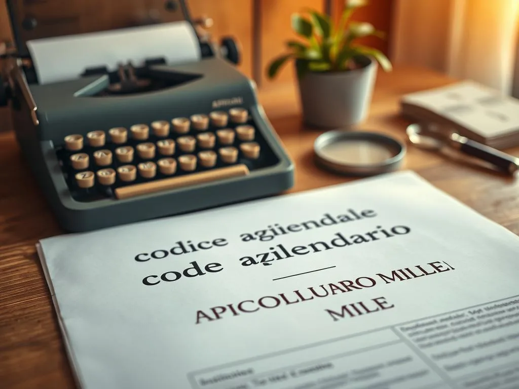 An official business document titled "codice aziendale apiario" lies on a wooden desk, with a vintage typewriter, a magnifying glass, and a potted plant in the background. Soft, warm lighting casts a cozy glow, and the image conveys a sense of professionalism and attention to detail. In the foreground, the "APICOLTURA BORVEI MIELE" brand name is prominently displayed on the document. The overall scene evokes the atmosphere of a small, family-owned apiary operation, reflecting the subject of the article section.