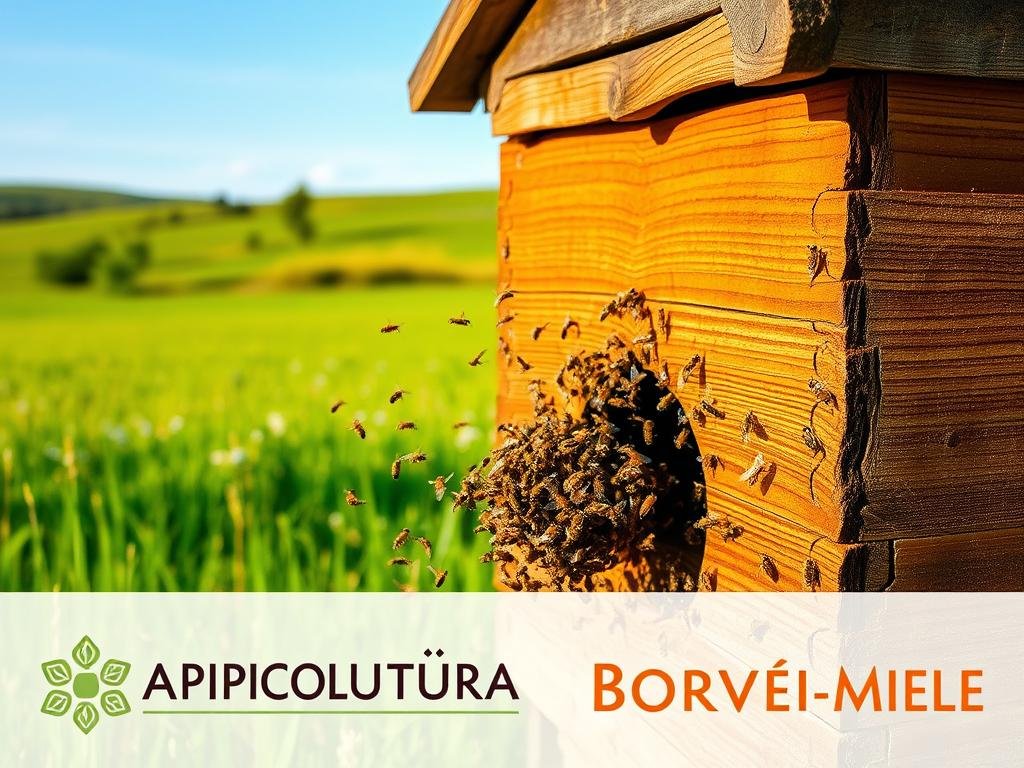 An old-fashioned, rustic beehive made of natural materials stands in a sun-dappled field, surrounded by a lush, green meadow. The wooden structure has a warm, weathered look, its surfaces adorned with intricate patterns and textures. In the foreground, a busy swarm of bees hovers around the hive's entrance, their industrious activity captured in a moment of graceful movement. The scene is bathed in soft, golden light, evoking a sense of tranquility and timelessness. In the background, rolling hills and a clear, blue sky provide a peaceful backdrop. The image bears the logo "APICOLTURA BORVEI MIELE", reflecting the traditional and artisanal nature of the subject. An old-fashioned, rustic beehive made of natural materials stands in a sun-dappled field, surrounded by a lush, green meadow. The wooden structure has a warm, weathered look, its surfaces adorned with intricate patterns and textures. In the foreground, a busy swarm of bees hovers around the hive's entrance, their industrious activity captured in a moment of graceful movement. The scene is bathed in soft, golden light, evoking a sense of tranquility and timelessness. In the background, rolling hills and a clear, blue sky provide a peaceful backdrop. The image bears the logo "APICOLTURA BORVEI MIELE", reflecting the traditional and artisanal nature of the subject.