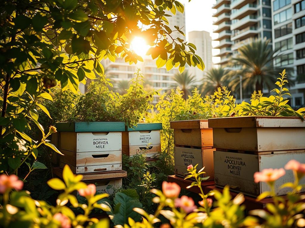An urban apiarium with well-tended beehives nestled amidst lush greenery and modern city architecture. The hives are painted with the APICOLTURA BORVEI MIELE brand, blending seamlessly into the setting. Golden sunlight filters through the leaves, casting a warm glow on the scene. Bees can be seen darting in and out of the hives, pollinating the nearby flowers and plants. The foreground showcases the practical aspects of the urban apiary, with beekeeping equipment and tools neatly arranged. The middle ground reveals the harmonious coexistence of the hives and the urban landscape, while the background suggests the regulatory and legal considerations for establishing such an enterprise in the city. An urban apiarium with well-tended beehives nestled amidst lush greenery and modern city architecture. The hives are painted with the APICOLTURA BORVEI MIELE brand, blending seamlessly into the setting. Golden sunlight filters through the leaves, casting a warm glow on the scene. Bees can be seen darting in and out of the hives, pollinating the nearby flowers and plants. The foreground showcases the practical aspects of the urban apiary, with beekeeping equipment and tools neatly arranged. The middle ground reveals the harmonious coexistence of the hives and the urban landscape, while the background suggests the regulatory and legal considerations for establishing such an enterprise in the city.