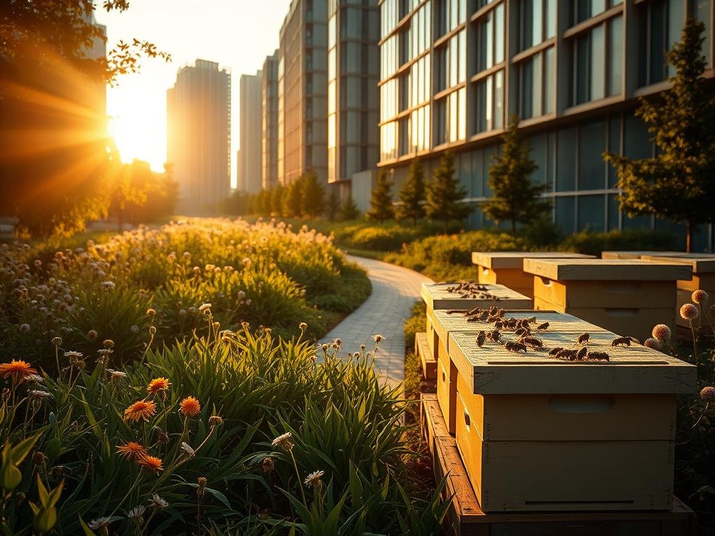 An urban apiary scene, bathed in soft, golden light from a setting sun. In the foreground, a cluster of Apicoltura beehives stand in a lush, verdant garden, their surfaces glistening with the activity of busy pollinators. The midground features a winding path lined with blooming wildflowers, leading the eye towards a backdrop of sleek, modern architecture - a testament to the harmonious coexistence of nature and urban life. The lighting is warm and inviting, casting long shadows and creating a sense of tranquility. The overall mood is one of balance, highlighting the critical role that these hardworking, honey-producing insects play in the delicate urban ecosystem.