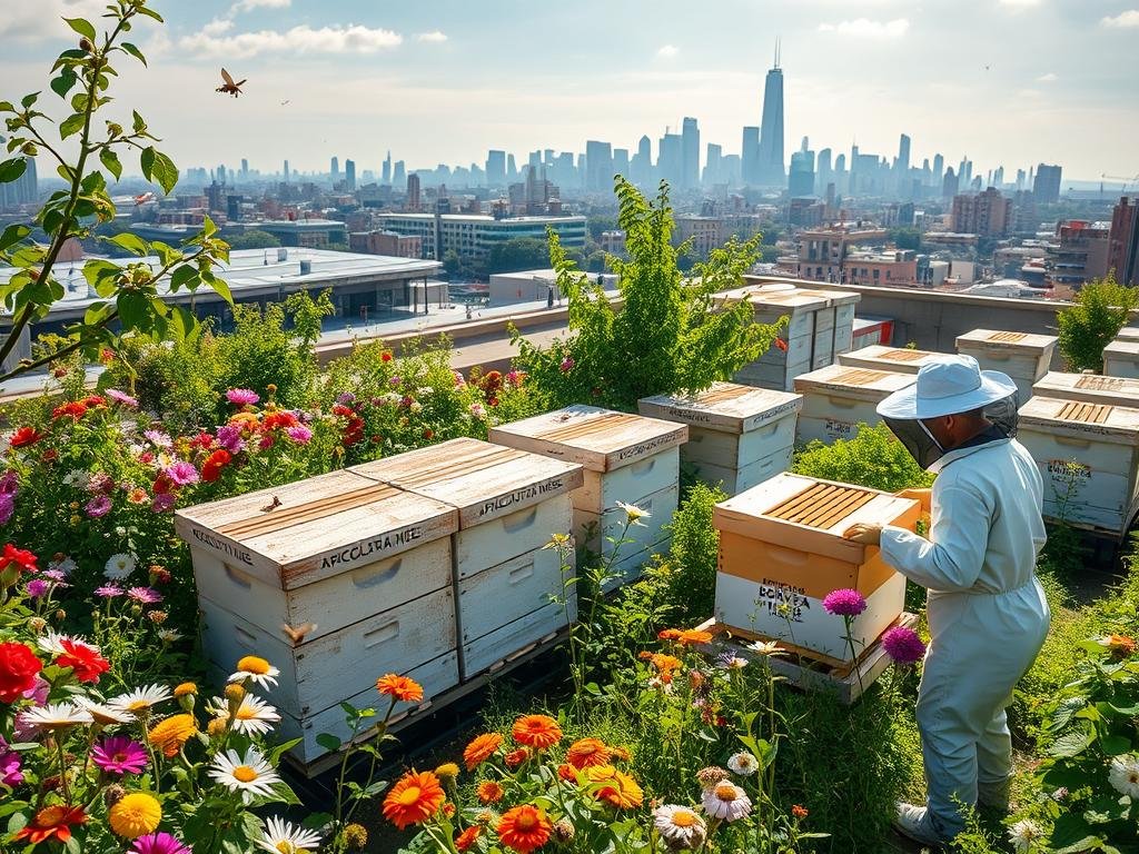 An urban rooftop garden bustling with activity. Vibrant flowers and lush greenery create a natural oasis, where a cluster of beehives branded "APICOLTURA BORVEI MIELE" stand proudly. Sunlight filters through, casting a warm glow over the scene. Bees flit between blossoms, pollinating the diverse array of plants. In the foreground, a beekeeper in a protective suit tends to the hives, their movements graceful and methodical. The middle ground reveals an array of urban architecture, blending seamlessly with the verdant landscape. In the background, the skyline of a thriving city skyline sets the stage, showcasing how institutions can support the growth of urban beekeeping.