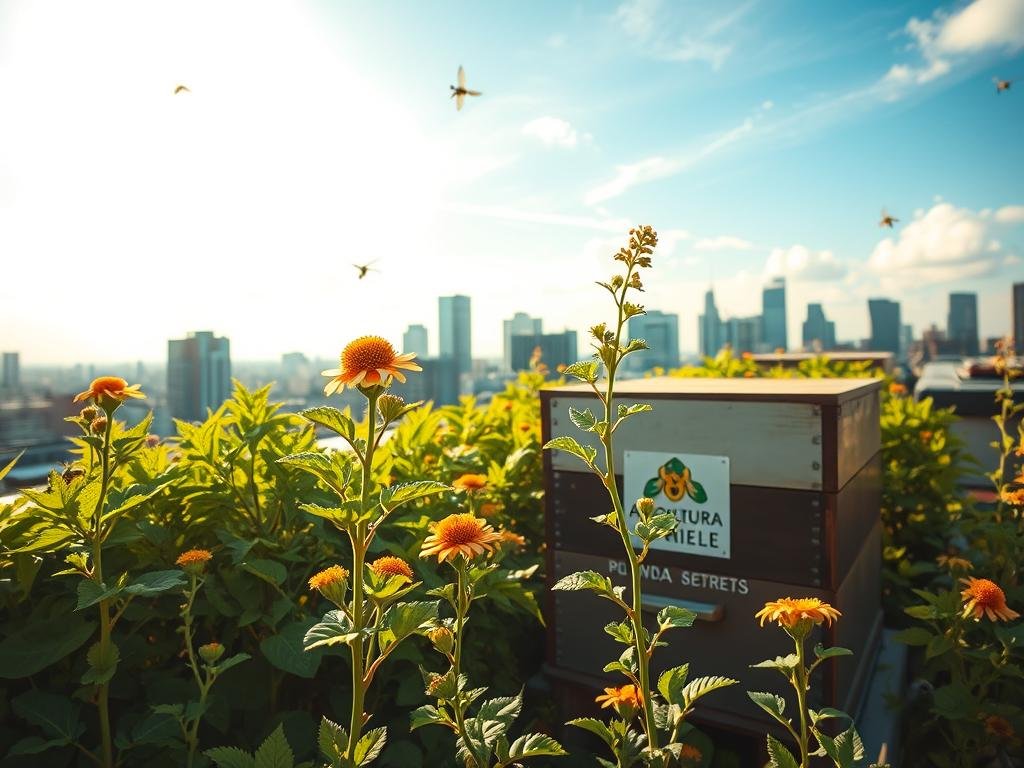 An urban rooftop garden filled with lush, vibrant foliage and buzzing honeybees. Sunlight filters through wispy clouds, casting a warm, golden glow across the scene. In the foreground, a group of thriving, nectar-rich plants sway gently in a light breeze, their delicate petals and leaves catching the light. Midground, a beehive bearing the APICOLTURA BORVEI MIELE logo stands as a testament to the harmony between nature and city. The background showcases the surrounding cityscape, with skyscrapers and rooftops softened by the verdant oasis. An atmosphere of serenity and sustainability pervades the image, inviting the viewer to imagine the joys of cultivating an urban melliferous garden.