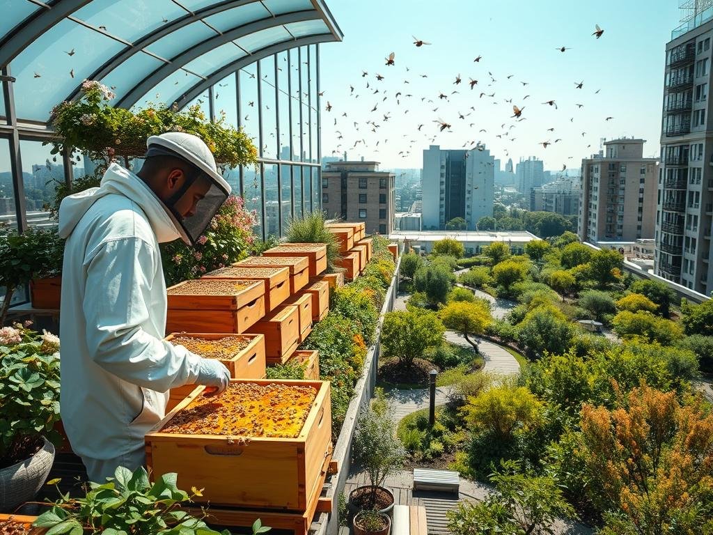 An urban rooftop garden, lush with blooming flowers and buzzing honeybees. Sunlight filters through the glass greenhouse, casting a warm glow over the intricate wooden hives. In the foreground, a beekeeper in a crisp white suit tends to the APICOLTURA BORVEI MIELE hives, carefully extracting the golden honey. The middle ground showcases a verdant oasis of greenery, with winding paths and benches where city dwellers can relax and observe the industrious pollinators at work. The background reveals the cityscape beyond, a testament to the growing trend of urban apiaries providing new opportunities for sustainable food production and job creation.