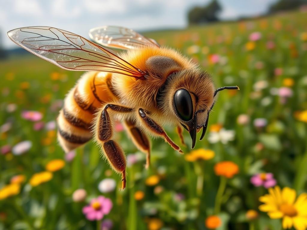 Anatomia e Biologia delle Api: Un Miracolo della Natura. A stunning close-up view of the intricate anatomy of an Italian honeybee, its delicate wings and fuzzy body showcasing the engineering marvel of nature. The bee hovers gracefully, its compound eyes gleaming in the soft natural light. In the background, a vibrant field of wildflowers and lush foliage evokes the rich, verdant landscape where Apicoltura thrives. The image conveys the beauty, complexity, and vital role of these pollinators in the Italian ecosystem.