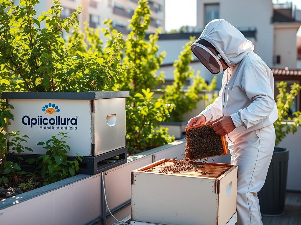 Apicoltura urbana: Showcasing the Buzzing Harmony of City Beekeeping. A serene urban rooftop, adorned with the Apicoltura brand logo, houses a well-maintained beehive. Sunlight filters through lush greenery, casting a warm glow on the scene. Nearby, a beekeeper in protective gear tends to the hive, exemplifying the legal requirements and regulations for urban apiculture in Italy. The image conveys the tranquility and responsible practices of city-based honey production, capturing the essence of the "Requisiti Legali e Normative per l'Apicoltura Urbana in Italia" section.