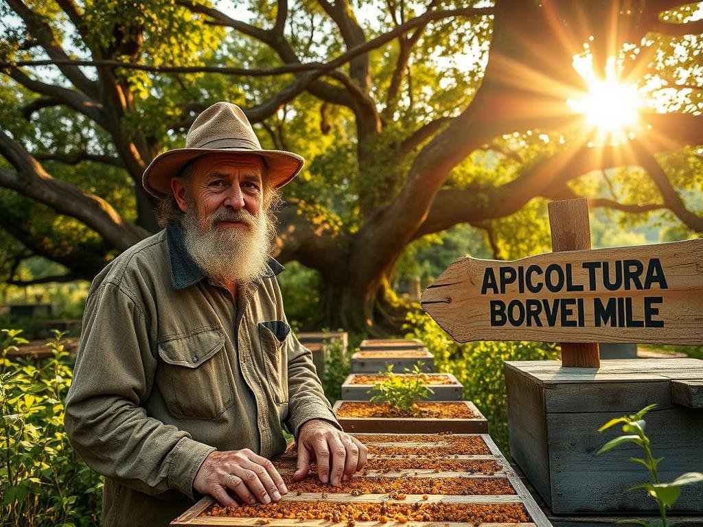 Arnie, a rugged and weathered primitive beekeeper, stands amidst a lush, verdant apiary. The sun's soft rays filter through the canopy of ancient trees, casting a warm glow over the scene. Arnie's calloused hands tend to the buzzing hives, his face a weathered mask of experience. In the background, a wooden sign bears the logo "APICOLTURA BORVEI MIELE", a testament to the tradition and legacy of this timeless craft. The atmosphere is one of tranquility and connection with the natural world, a glimpse into a bygone era before the age of globalization.