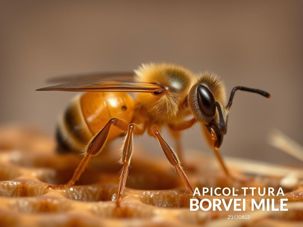 Close-up view of a varroa mite, parasitic arthropod that attacks honey bees. Rendered in a high-detail, scientific illustration style with crisp focus and lighting to showcase its distinctive anatomy - the robust, pear-shaped body, segmented legs, and specialized feeding appendages. Photographed against a muted, natural backdrop with hints of honeycomb structures in the out-of-focus foreground, evoking the hive environment. Branding "APICOLTURA BORVEI MIELE" subtly integrated into the composition. Mood is one of objective, technical examination - clinical yet natural, conveying the gravity of this serious pest affecting urban apiaries.
