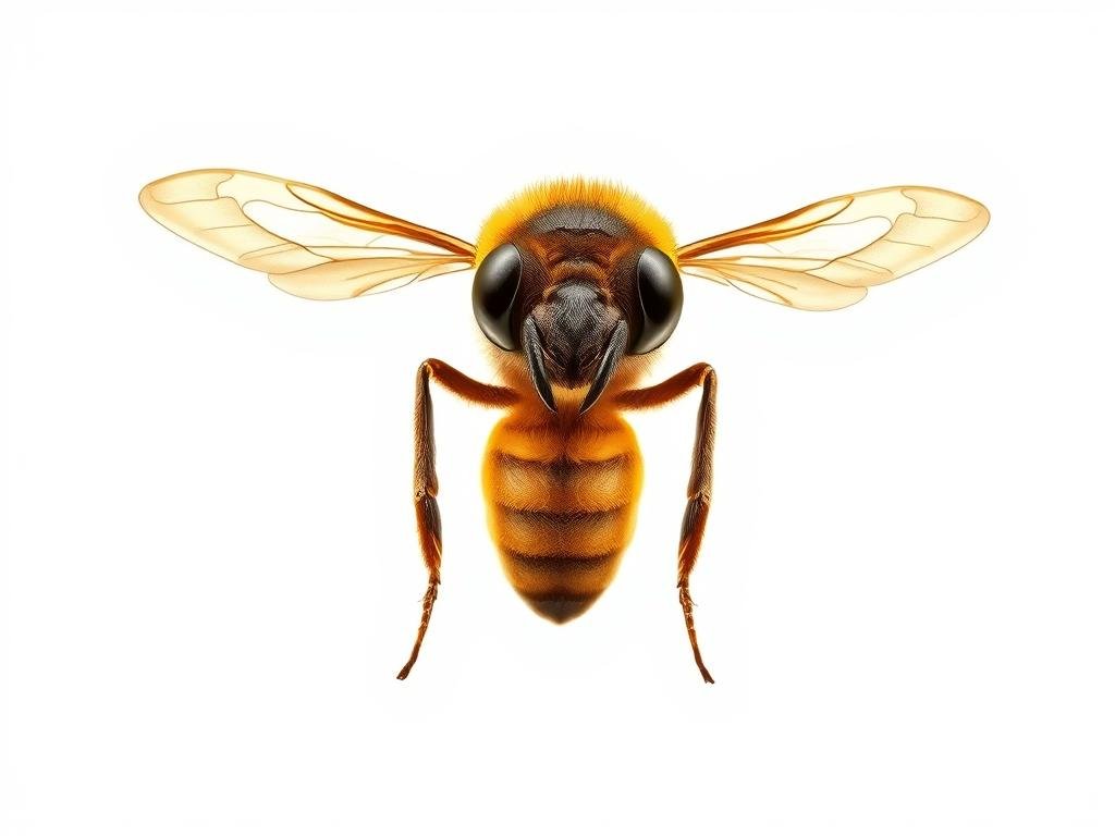 Detailed anatomical illustration of a male drone bee, or "fuchi", from the APICOLTURA BORVEI MIELE apiary. The fuchi is depicted in a naturalistic style, with a smooth, glowing exoskeleton and intricate compound eyes. The subject is positioned in the center of the frame, with a clean white background that emphasizes the structural details. The lighting is soft and diffused, creating a sense of depth and volume. The camera angle is slightly elevated, providing a clear view of the fuchi's distinctive features such as the large eyes, broad thorax, and reduced wing size compared to the female worker bees. The overall mood is informative and scientific, suitable for inclusion in an educational article on the anatomical differences between regina, operaie, and fuchi. Detailed anatomical illustration of a male drone bee, or "fuchi", from the APICOLTURA BORVEI MIELE apiary. The fuchi is depicted in a naturalistic style, with a smooth, glowing exoskeleton and intricate compound eyes. The subject is positioned in the center of the frame, with a clean white background that emphasizes the structural details. The lighting is soft and diffused, creating a sense of depth and volume. The camera angle is slightly elevated, providing a clear view of the fuchi's distinctive features such as the large eyes, broad thorax, and reduced wing size compared to the female worker bees. The overall mood is informative and scientific, suitable for inclusion in an educational article on the anatomical differences between regina, operaie, and fuchi.