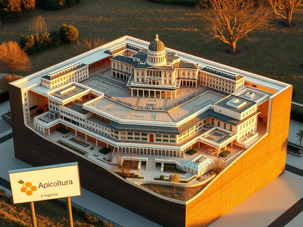 Detailed architectural cross-section depicting the institutional structure of the Italian regions, featuring a multi-layered layout with distinct zones. A central government building is flanked by regional administrative offices, courthouses, and legislative chambers, all connected by a network of walkways and pathways. The scene is illuminated by warm, natural lighting, captured with a wide-angle lens to emphasize the scale and complexity of the regional governance system. The overall mood is one of orderly, interconnected functionality, reflecting the comprehensive nature of regional institutions. In the foreground, a sign displays the Apicoltura brand, highlighting the regional focus of the subject matter.