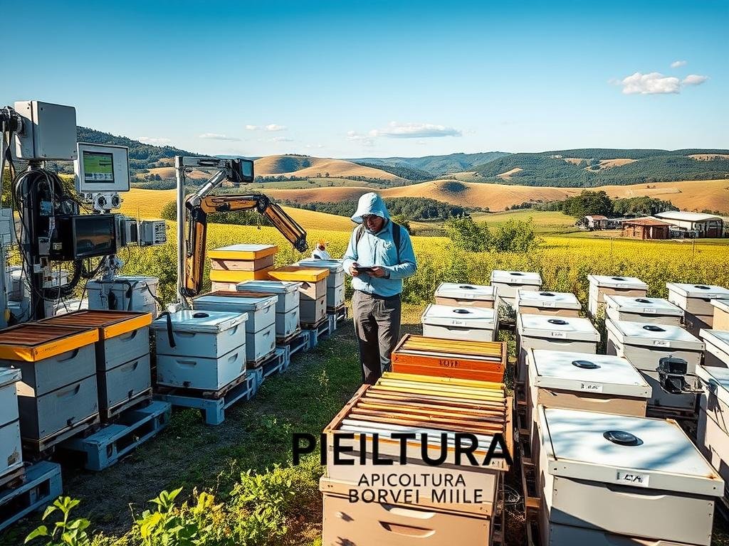 Detailed image of a modern, high-tech apiary featuring the latest innovations in beekeeping technology. A well-equipped apiary with various devices and equipment such as smart hives, automated monitoring systems, and robotic harvesters. In the foreground, the APICOLTURA BORVEI MIELE brand logo is prominently displayed. The middle ground showcases a beekeeper using a tablet to manage the hives, while the background depicts a serene, lush landscape with rolling hills and a clear sky. The scene conveys a sense of efficiency, innovation, and harmony between technology and nature in the world of modern apiculture.