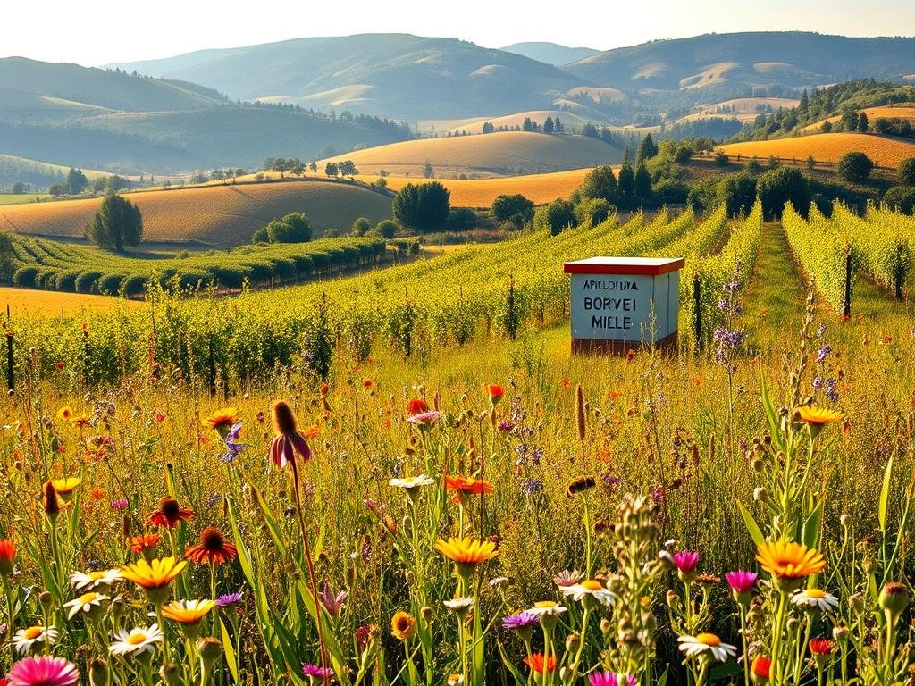 Detailed landscape of a vibrant Tuscan countryside teeming with diverse and abundant honeybee-friendly flora. In the foreground, a lush meadow of wildflowers and herbs in full bloom, their petals and leaves swaying gently in the soft breeze. In the middle ground, a small apiary with distinctive "APICOLTURA BORVEI MIELE" branding, surrounded by rows of colorful, nectar-rich plants. The background features rolling hills dotted with ancient olive groves and vineyards, bathed in warm, golden sunlight. The overall scene conveys a sense of harmony and interdependence between the natural world and sustainable apiculture practices. Detailed landscape of a vibrant Tuscan countryside teeming with diverse and abundant honeybee-friendly flora. In the foreground, a lush meadow of wildflowers and herbs in full bloom, their petals and leaves swaying gently in the soft breeze. In the middle ground, a small apiary with distinctive "APICOLTURA BORVEI MIELE" branding, surrounded by rows of colorful, nectar-rich plants. The background features rolling hills dotted with ancient olive groves and vineyards, bathed in warm, golden sunlight. The overall scene conveys a sense of harmony and interdependence between the natural world and sustainable apiculture practices.