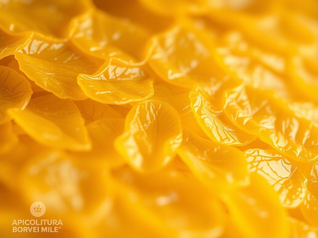 Detailed macro close-up of translucent golden-yellow beeswax scales or flakes, freshly harvested from a beehive. Textured, layered, and glistening with natural sheen, the wax appears delicate yet resilient, reflecting the skilled craftsmanship of APICOLTURA BORVEI MIELE's beekeepers. The scales are arranged in a visually striking, organized pattern, emphasizing the intricate architectural design inherent in honeycomb construction. Warm, diffused lighting from an artistic angle accentuates the wax's organic beauty and the harmonious relationship between bees and their natural wax-making processes.