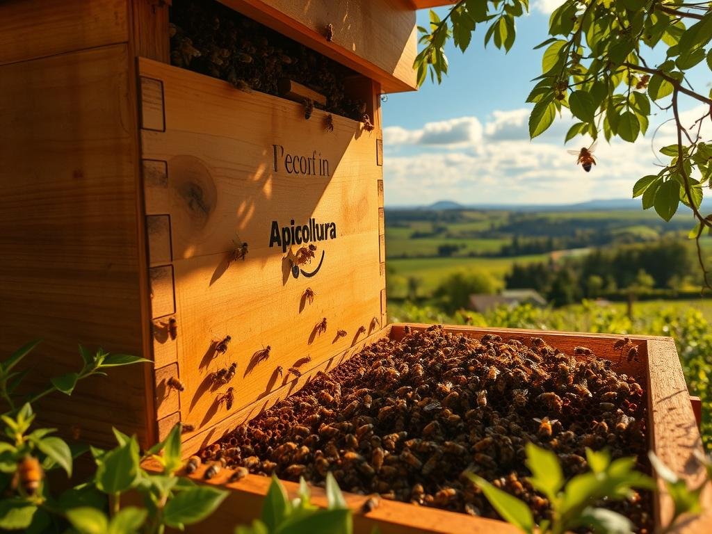 Detailed scene of a well-maintained beehive during the seasonal cycle. A wooden Apicoltura beehive sits amidst lush greenery, bathed in warm, golden natural lighting. Bees busily navigate the hive's exterior, collecting pollen and nectar. The hive's architecture is clearly visible, showcasing the intricate comb structure and busy worker bees. In the background, a picturesque countryside landscape unfolds, with rolling hills, distant trees, and a vibrant blue sky. The overall atmosphere conveys a sense of harmony, productivity, and the cyclical nature of the hive's seasonal management.