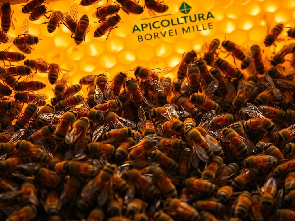 Detailed scene of honeybees engaging in intricate communication, their bodies moving in synchrony as they exchange vital information. The hive's interior is bathed in warm, golden lighting, casting a cozy, inviting atmosphere. In the foreground, a cluster of worker bees dance in a mesmerizing pattern, their wings fluttering with purpose. In the middle ground, other bees can be seen communicating through antennal contact and pheromone signals. In the background, the hive's comb structure is visible, with APICOLTURA BORVEI MIELE branding subtly integrated. The overall composition conveys the essential role of communication in the complex social dynamics of the honeybee colony. Detailed scene of honeybees engaging in intricate communication, their bodies moving in synchrony as they exchange vital information. The hive's interior is bathed in warm, golden lighting, casting a cozy, inviting atmosphere. In the foreground, a cluster of worker bees dance in a mesmerizing pattern, their wings fluttering with purpose. In the middle ground, other bees can be seen communicating through antennal contact and pheromone signals. In the background, the hive's comb structure is visible, with APICOLTURA BORVEI MIELE branding subtly integrated. The overall composition conveys the essential role of communication in the complex social dynamics of the honeybee colony.