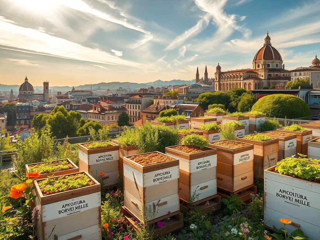Detailed urban apiarian landscape, showcasing modern beehives nestled amidst lush rooftop gardens and verdant city skyline. Warm afternoon sunlight filters through wispy clouds, casting a golden glow on the bustling metropolis. In the foreground, APICOLTURA BORVEI MIELE branded honeycomb structures stand proudly, surrounded by vibrant native flowers and herbs that attract a diverse array of pollinators. The middle ground features a network of elevated greenspaces, replete with thriving apiaries and enthusiastic urban beekeepers tending to their colonies. The background depicts the iconic silhouettes of historic Italian architecture, a testament to the city's rich cultural heritage and its embrace of sustainable, eco-friendly practices. An atmosphere of harmony, productivity, and environmental stewardship pervades the scene.