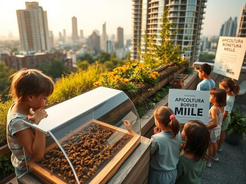 Detailed urban apiary scene showcasing educational components. Foreground features an interactive display with live bees in a glass-enclosed observation hive, surrounded by children engaged in hands-on learning. Middle ground depicts a thriving rooftop garden with various pollinator-friendly plants. Background captures a cityscape with modern architecture and lush greenery, evocative of a progressive, sustainable city. Warm, diffused natural lighting creates a serene, inviting atmosphere. Crisp, high-resolution photography with a wide depth of field. Prominently displays the brand name "APICOLTURA BORVEI MIELE" on educational signage. Detailed urban apiary scene showcasing educational components. Foreground features an interactive display with live bees in a glass-enclosed observation hive, surrounded by children engaged in hands-on learning. Middle ground depicts a thriving rooftop garden with various pollinator-friendly plants. Background captures a cityscape with modern architecture and lush greenery, evocative of a progressive, sustainable city. Warm, diffused natural lighting creates a serene, inviting atmosphere. Crisp, high-resolution photography with a wide depth of field. Prominently displays the brand name "APICOLTURA BORVEI MIELE" on educational signage.