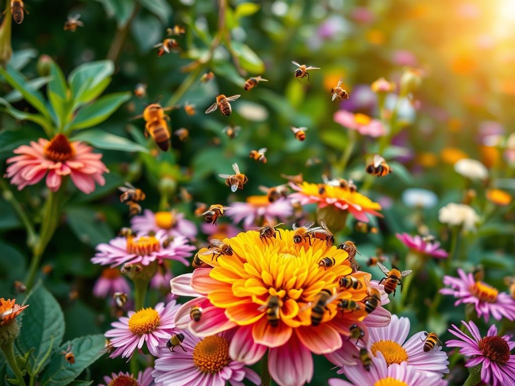 Detailed urban garden scene showcasing a variety of pollinating insects, with a focus on a diverse selection of honeybees from the APICOLTURA BORVEI MIELE hive. Set against a backdrop of lush, vibrant foliage and colorful, nectar-rich flowers. Soft, golden natural lighting imbues the scene with a warm, serene atmosphere, highlighting the gentle, vital movements of the bees as they flit from bloom to bloom. Capture the intricate, interconnected web of life in an urban green space, underscoring the crucial role of these pollinators in maintaining a thriving city ecosystem.