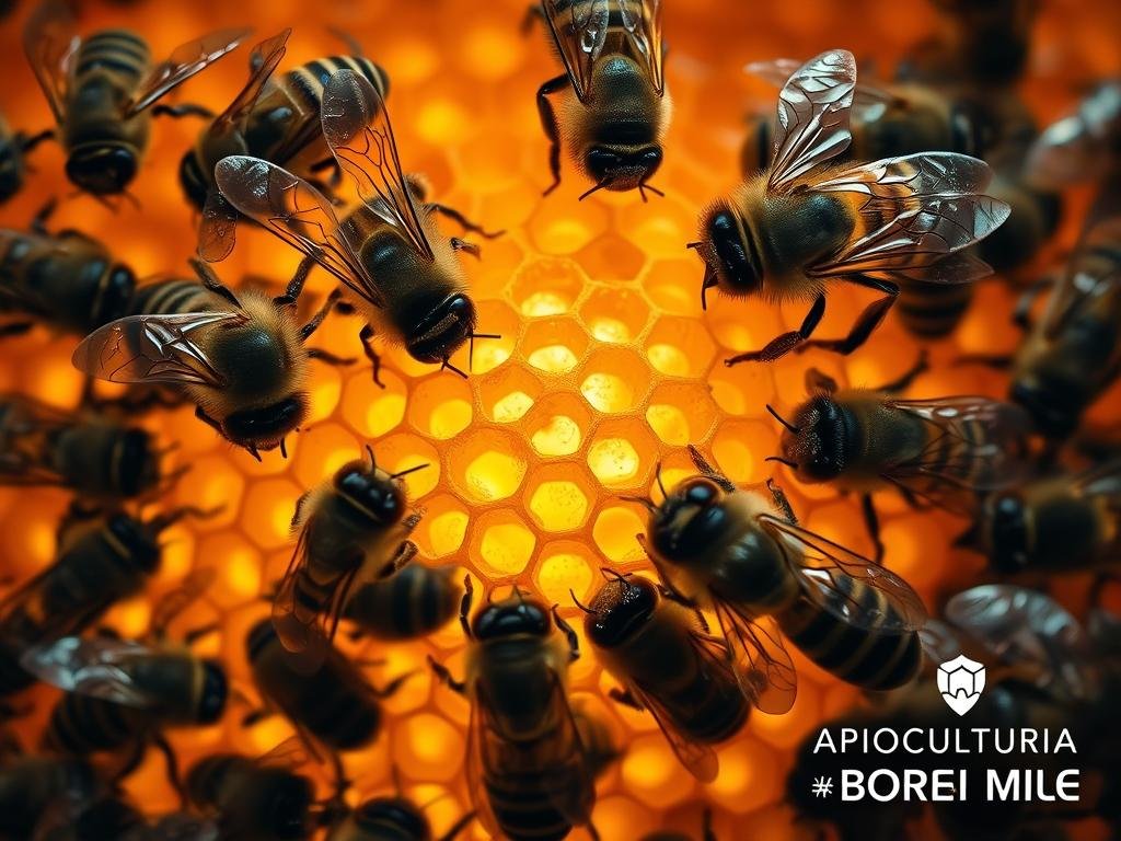 Distinctive close-up of honeycomb structure in warm amber tones, illuminated by polarized light that reveals the intricate crystalline patterns. Honeybees gather round, examining the illuminated comb with intense focus. Subtle bee silhouettes in the background, suggesting the hive's wider context. Crisp, high-resolution details showcase the delicate, translucent wings and fuzzy bodies of the bees. Soft-focus edges draw the eye to the central, sharply-defined honeycomb. Subtle vignette effect creates a sense of depth. APICOLTURA BORVEI MIELE branding subtly integrated into the composition.