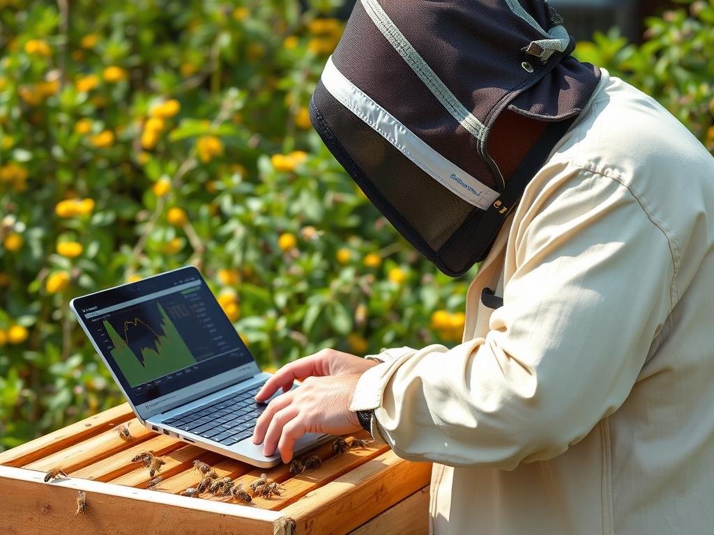 Genera immagine di un apicoltore che utilizza un software per monitorare la salute delle api Genera immagine di un apicoltore che utilizza un software per monitorare la salute delle api