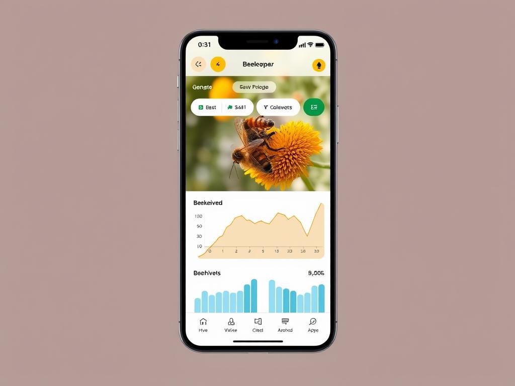 Genera immagine di un'applicazione mobile per apicoltori con grafici e dati sugli apiari Genera immagine di un'applicazione mobile per apicoltori con grafici e dati sugli apiari