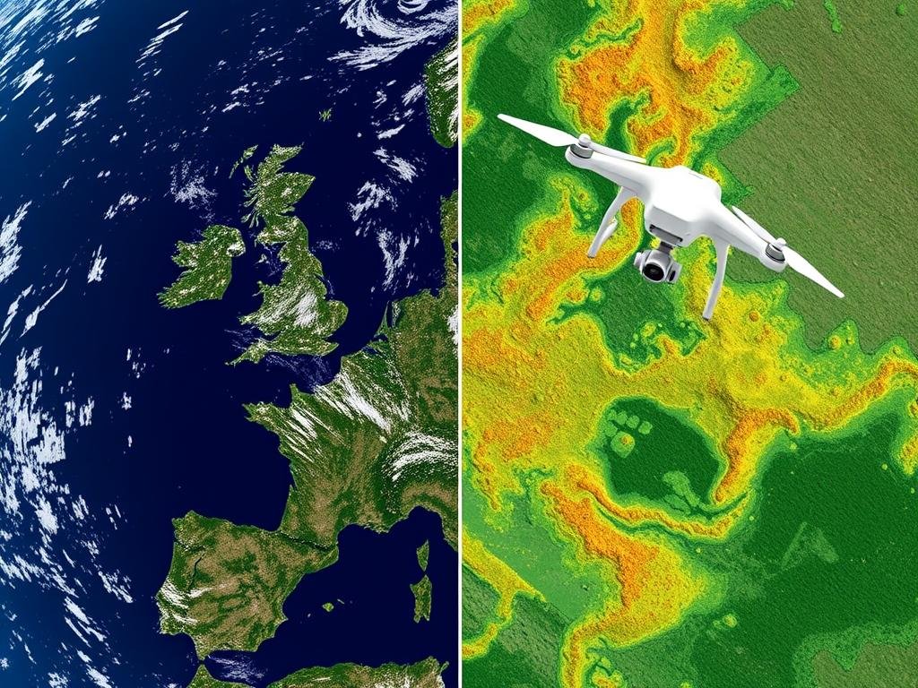Genera un'immagine che rappresenti FlyPix AI in azione, con immagini satellitari e di droni che mostrano l'analisi geospaziale per il monitoraggio ambientale.