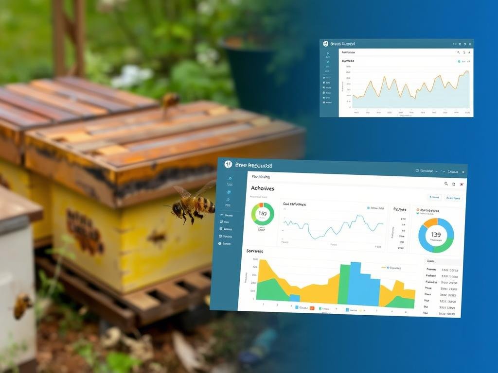 Genera un'immagine che rappresenti il software BeeGuard in azione, con grafici e dati sugli alveari. Genera un'immagine che rappresenti il software BeeGuard in azione, con grafici e dati sugli alveari.