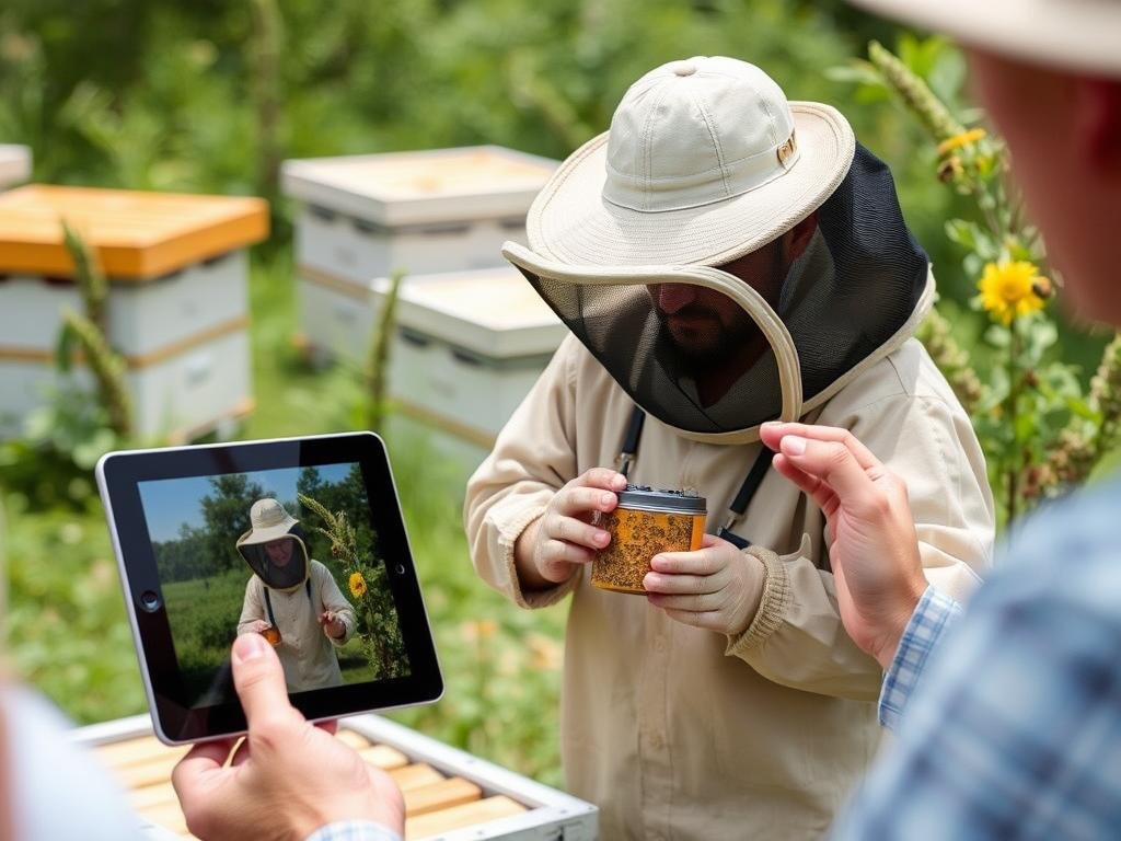 Genera un'immagine che rappresenti un apicoltore che utilizza InApiario su un tablet durante una visita all'apiario.