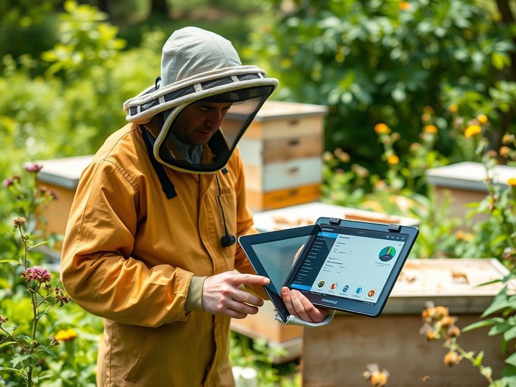 Genera un'immagine che rappresenti un apicoltore che utilizza il software BeeGuard su un tablet per monitorare gli alveari. Genera un'immagine che rappresenti un apicoltore che utilizza il software BeeGuard su un tablet per monitorare gli alveari.