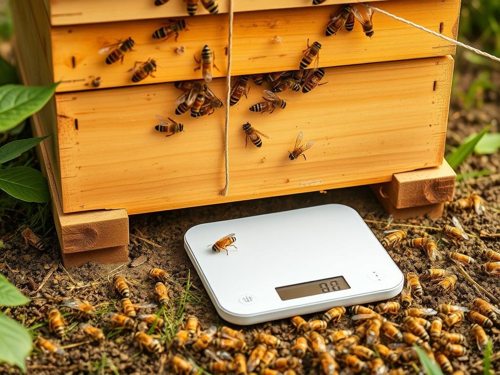 Genera un'immagine che rappresenti una bilancia smart sotto un alveare