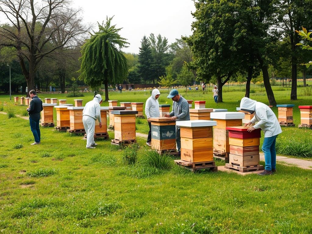 Genera un'immagine del Parco del Nobile a Torino, con apiari e membri della Comunità degli Apicoltori Urbani