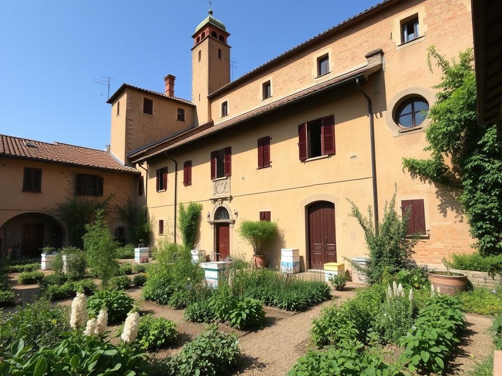 Genera un'immagine del Podere San Ludovico a Bologna, con apiari e orti urbani