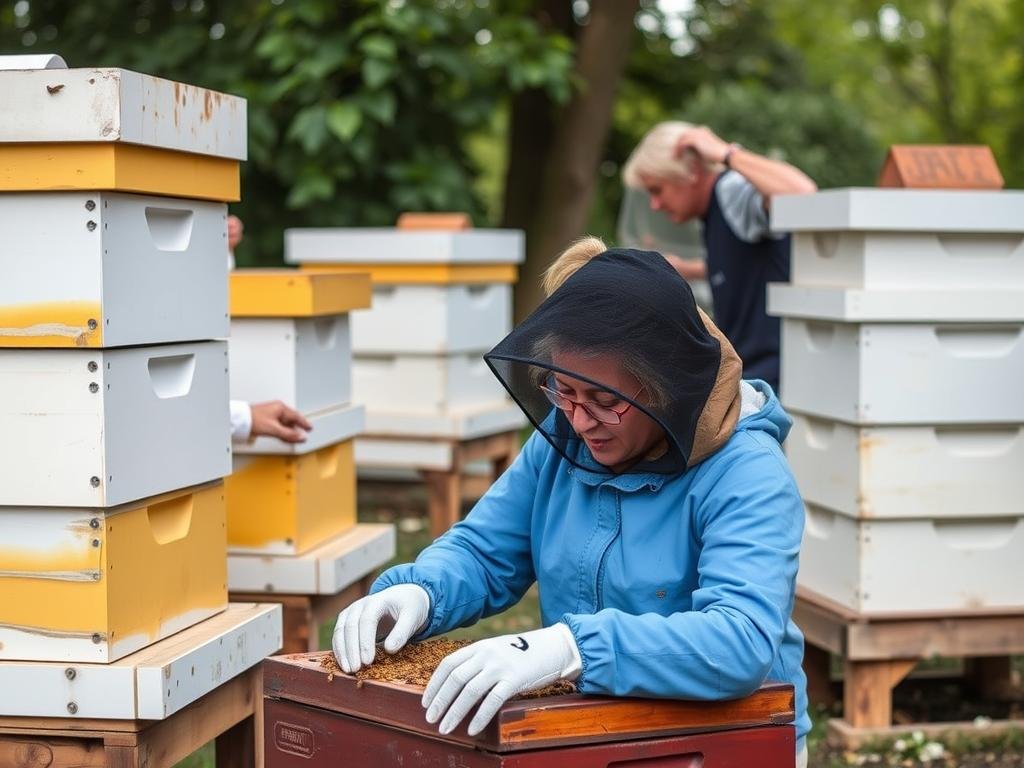 Genera un'immagine della Cascina Biblioteca a Milano, con apiari e persone con fragilità che partecipano a attività di apicoltura