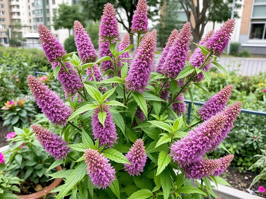 Genera un'immagine di Buddleia in un giardino urbano