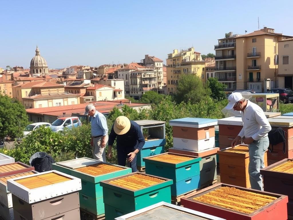 Genera un'immagine di apiari a Roma, Bari e Potenza, con cittadini e apicoltori urbani