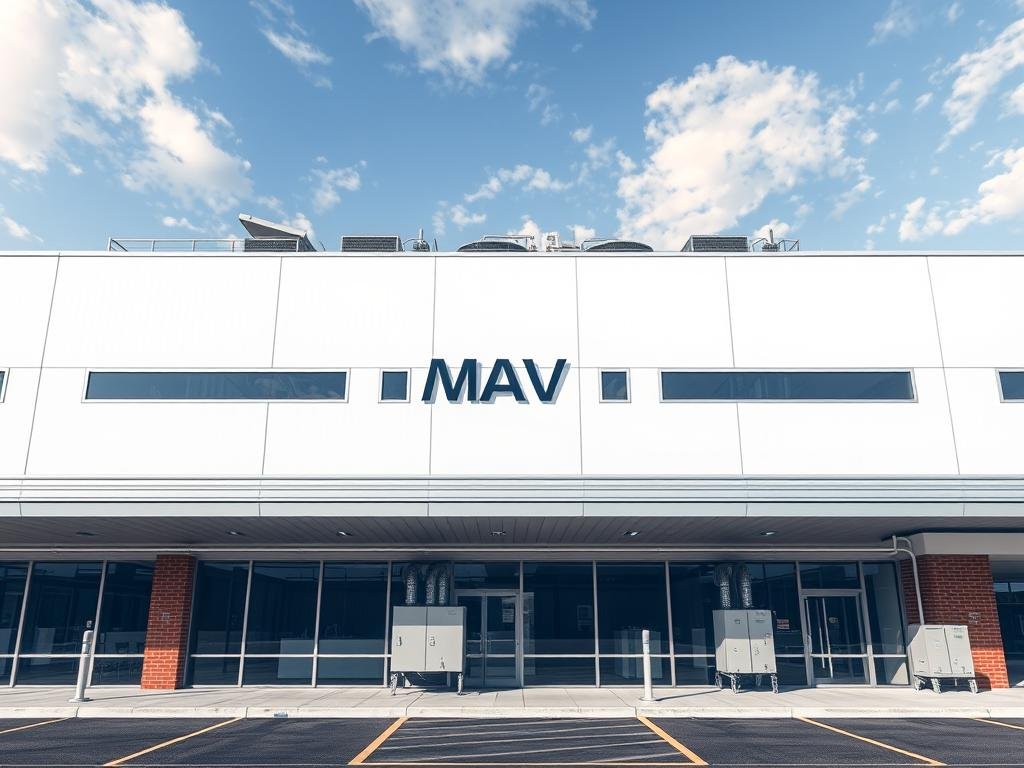 Genera un'immagine di un edificio commerciale con sistemi HVAC efficienti grazie ad ARIA di BrainBox AI