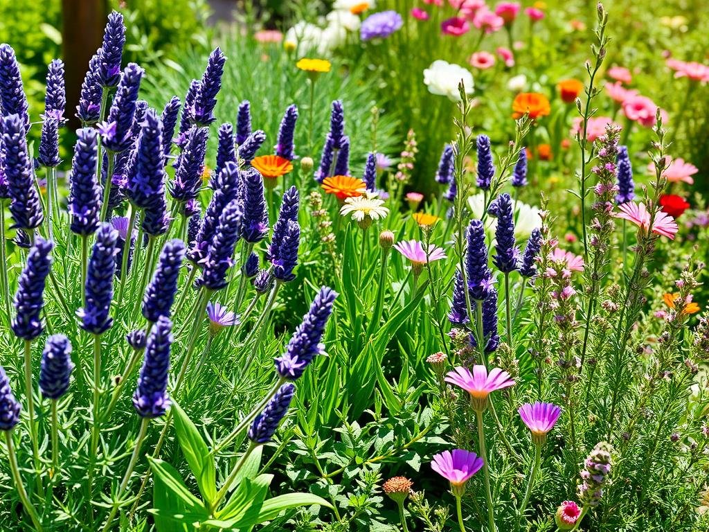 Genera un'immagine di un giardino pieno di erbe aromatiche come lavanda, rosmarino e timo.