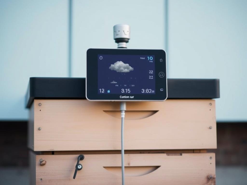 Genera un'immagine di una stazione meteorologica IoT installata vicino a un apiario