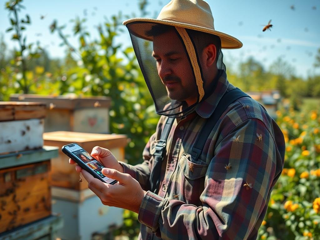 Genera un'immagine di un'apicoltore che utilizza l'app bHub e bSentinel per monitorare le condizioni delle arnie.