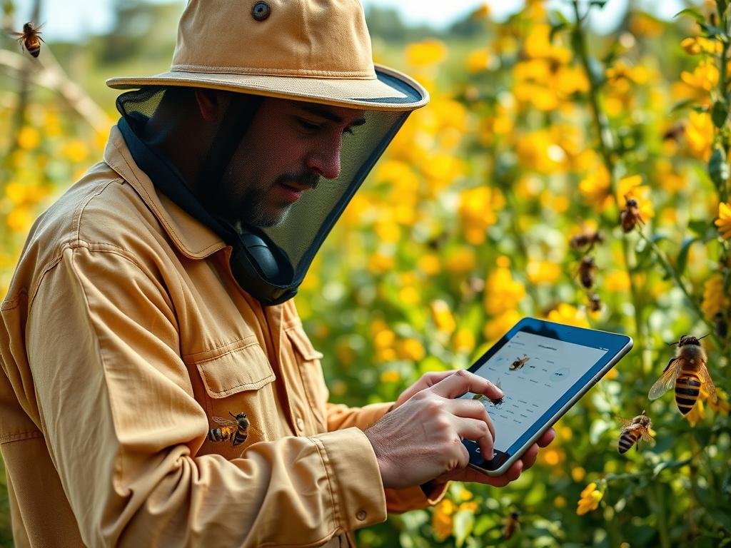 Generazione di un'immagine che rappresenta un apicoltore che utilizza un tablet con un software di gestione apistica