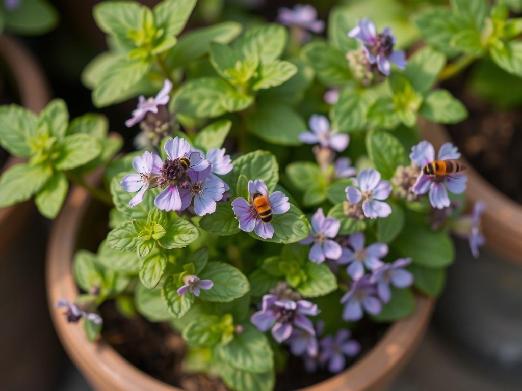 Immagina una pianta di menta in un contenitore, con fiori viola che attirano le api.