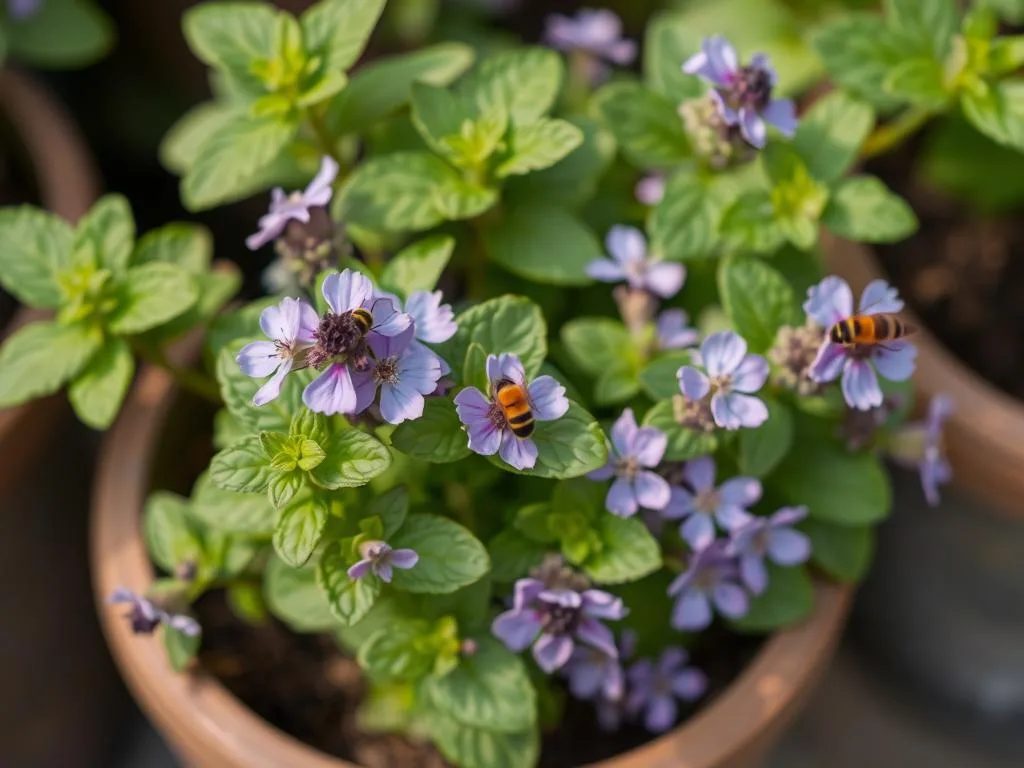 Immagina una pianta di menta in un contenitore, con fiori viola che attirano le api.