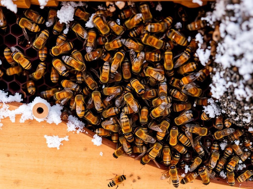 Immagine di api al lavoro in un alveare durante l'inverno